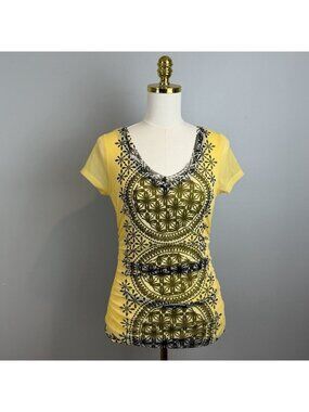 INC Concepts Yellow Mesh Top Black Mandala Print Size Medium Vtg Y2K